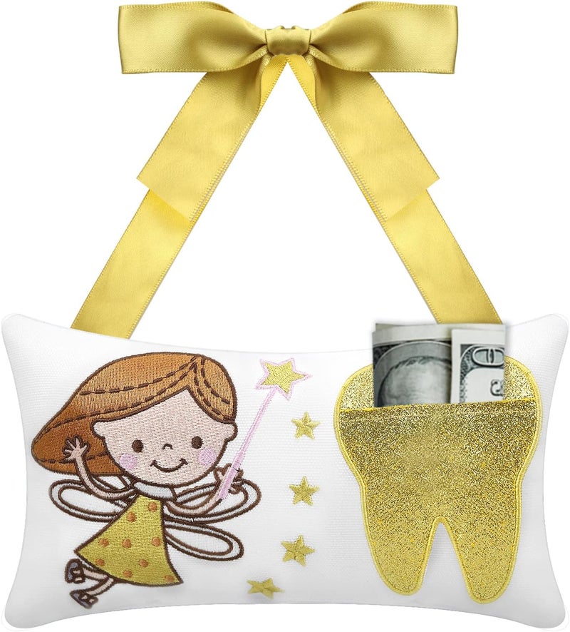 Malihome Tooth Fairy Pillow with Pocket for Girls and Boys Kids Tooth Pillow Toothfairy Gifts Tooth Keepsake Pouch 8.6 x 4.8 inches (for Girls) - Image 1
